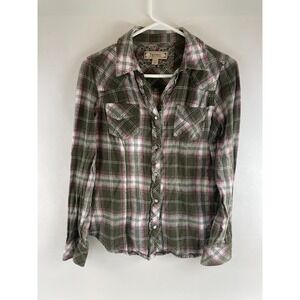 Decree Shirt Girls Size L Green Pink Metallic Silver Button Up Wester Pearl Snap